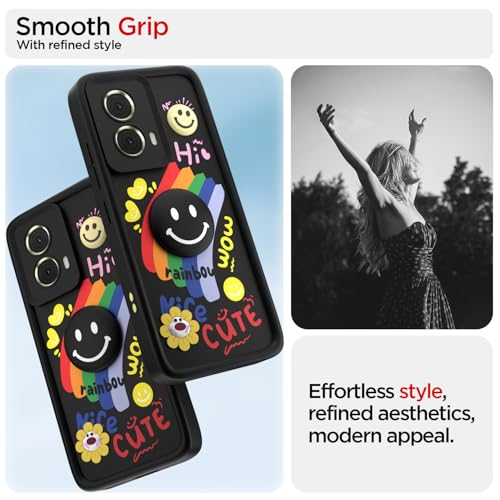 Image of Pikkme Back Cover for Motorola Moto G85 5G | Soft Silicone| Cute Rainbow Smile & 3D Cartoon Flower Design | Shockproof Raised Camera Protection Bumper Case (Black)