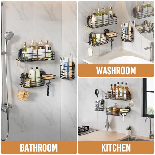 Image of LEVERLOC Shower Caddy Suction Cup, 3 Pack Heavy Duty Bathroom Organizer for Inside Shower with Hooks & Soap Holder, Removable Bathroom Organizer, Rustproof Black Holder Storage Black