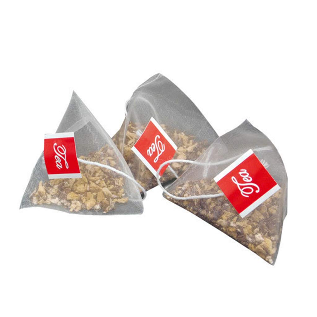 Obotsnoi 100PCS Pyramid Tea Bag Filter Nylon Tea Bag Single String Label Transparent Empty Disposable Nylon Infuser Gift Bin Table Top