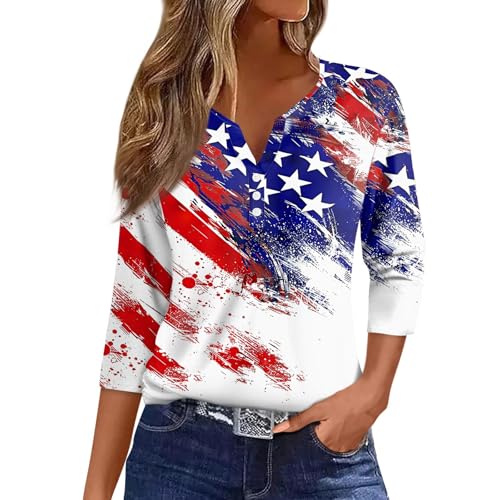 Image of 4th of July Shirts Women 3 /4 Length Sleeve Womens Tops Henley Neck Casual Patriotic T Shirts