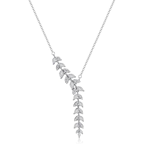 Silver Leaf Zircon Crystal Necklace for Women - Bridal Wedding Jewelry
