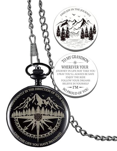 Grandson Gifts from Grandma Grandpa, Go Confidently Pocket Compass Engraved Black, to My Grandson Pocket Token, Inspirational Keepsake Gifts Ideas for Grandson Birthday Graduation Christmas