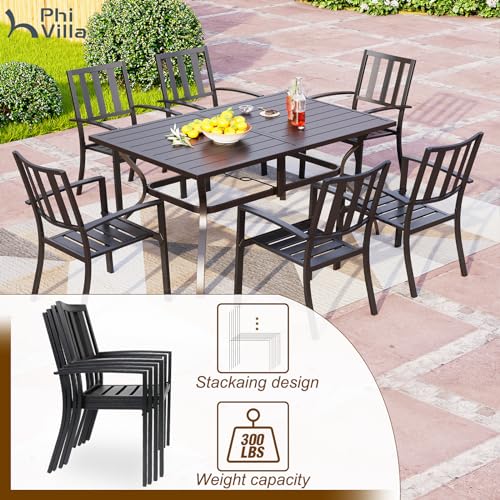 PHI VILLA 7 Piece Outdoor Dining Set for 6, 60” Rectangular Metal Steel Dining Table with Umbrella Hole & Stackable Dining Chairs for Patio, Deck, Yard, Garden - Image 4