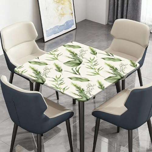 Highdi Cuadrado Mantel Impermeable, Tropicales Mantel de Tela Oxford Antimanchas Protector Mesa con Borde Elástico, Cubre Encimera para Cocina Comedor (Botánicos Verdes,100x100cm)