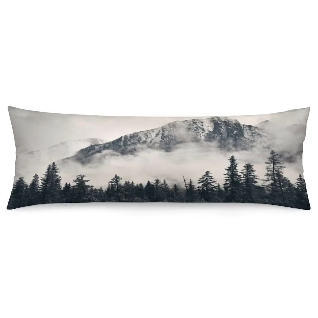 Foggy Forest Body Pillow Cover,Misty Natural Scenery Mountain Landscape Pine Mist Wood Cloud Tree,Long Pillow Case with Zipper Decorative Soft Cushion Bedding Pillowcase for Couch,Bedroom 20"x54"
