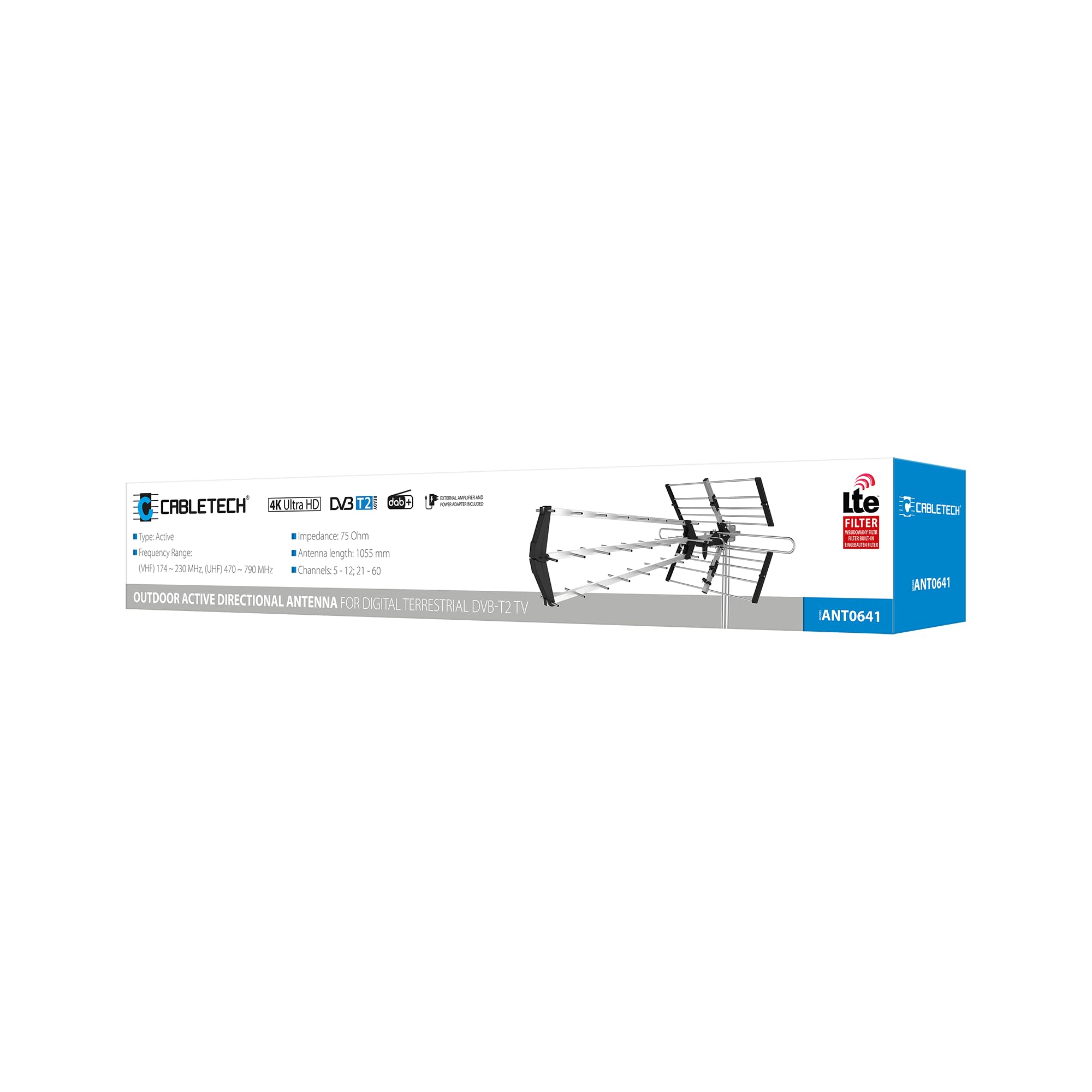 Cabletech Aktywna antena zewnętrzna DVB-T2 HD ze wzmacniaczem 25 dB, antena kierunkowa do telewizji naziemnej i radia DAB+