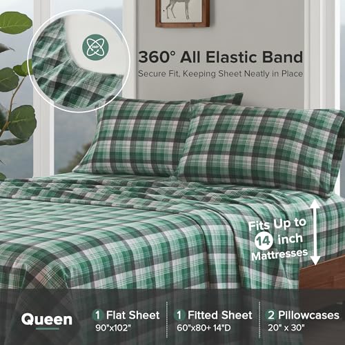 Image of Woolrich Cotton Sheet Set Cottage Charms Print, 100% Cotton Flannel Sheets Warm & Fuzzy Bedding Set Queen Size Sheets, Fitted Pocket Fits Up to 14 inch Mattress, Queen Green Plaid, 4 Piece