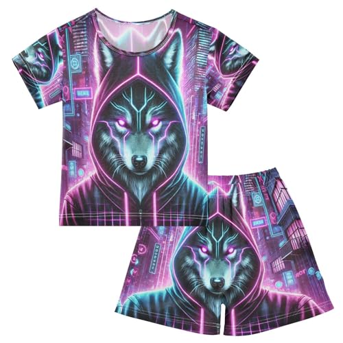 Neon Wolf Purple Pajama Set Short Sleeve Sleepwear Soft Pajamas Shorts Sets Cotton PJS 5Y