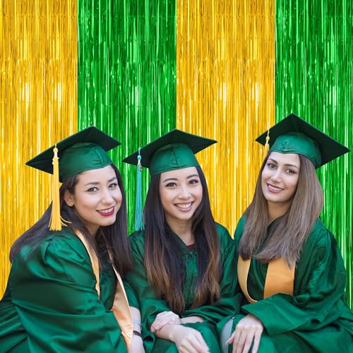 Image of ZATAYE 2 Pack Green Gold Christmas St Patricks Foil Curtain Decorations | Green Gold, Metallic Foil, 3.28 x 7.05 FT, Tinsel Backdrop, Foil Curtain Streamer, Christmas St Patricks Party