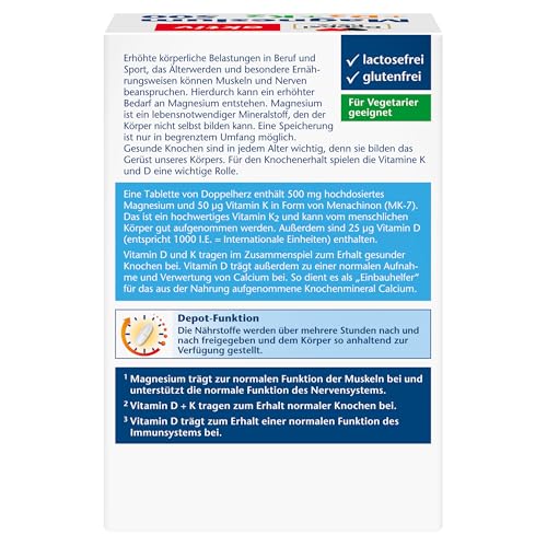Doppelherz Magnesium 500 + D3 + K2 - Hochdosiertes Magnesium als Beitrag zur normalen Funktion der Muskeln und Nervensystems - 60 vegetarische Depot-Tabletten