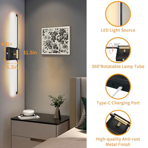 Image of Wall Sconces Set of 2 Battery Operated, 8000mAh USB Rechargeable Wall Sconce with Remote Control, 360Rotate Dimmable 3000K-6000K LED Dimmable Picture Lamp for Living Room, Bedroom, Hallway (32inch)