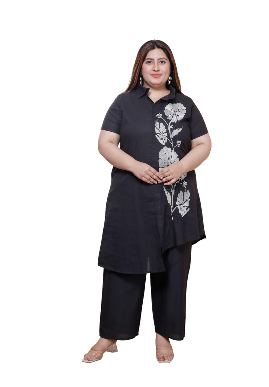 miravan Womens Plus Size Black Pure Cotton Floral Embroidered High Low Kurta Set-picture-10