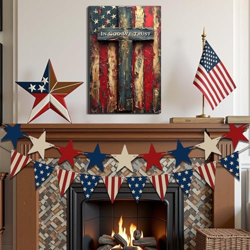 Image of Framed Vintage Cross American Flag Wall Art, Patriotic Rustic Canvas Art Pictures, USA Flag Wall Decor, Made in USA Ready to Hang for Living Room Garage