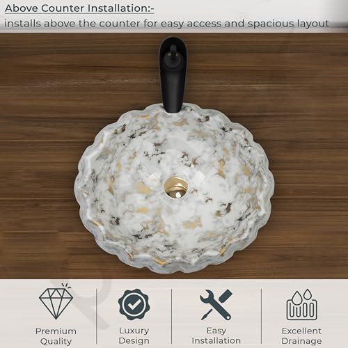Image of Plantex Ceramic Basin for Bathroom /Table Top Wash Basin /Washbasin for Living Room, Restaurant (Marble Finish, 17 x 15 x 6 Inch)
