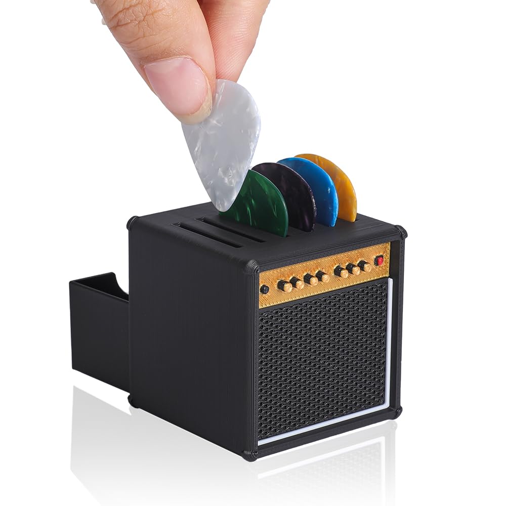 JYCSTE Boîte de rangement pour médiators, présentoir pour médiators, présentoir pour médiators en forme d'enceinte d'amplificateur avec 5 médiators en celluloïd