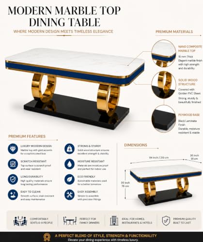 Image of 8-Seater Dining Table with Nano Composite Marble Top and PVC Golden Wooden Base |2yr Warranty - Includes 8 Fabric Upholstered Chairs