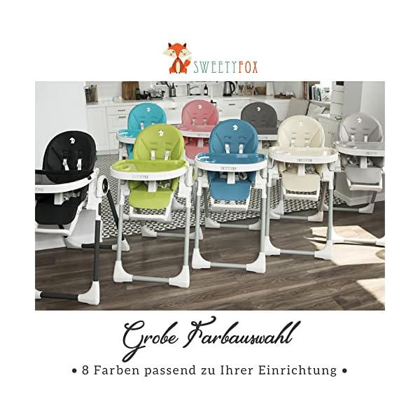 Sweety Fox Hochstuhl Baby mit Liegefunktion - Verstehllbar und Klappbar, Kinderstuhl mit Sicherheitsgurt - Mitwachsender Kinderhochstuhl 6 Monaten bis 3 Jahren, max. 15 kg – Bild 10