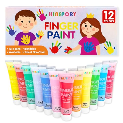 KINSPORY Kinder-Fingerfarben 12 x 36 ml – Waschbare Farben für Kleinkinder, Ungiftig, Babygerecht für Hände und Füße, Vorschulkunstbedarf Kreative Geschenke