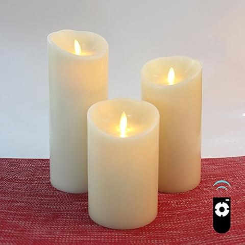 HueLiv LED Candles Set with Real-Flame Effect, Set of 3 Classic Paraffin Wax Pillar Candles, Vanilla Scented, Battery Operated with Timer, Free Remote Control, Ivory White, Set of 3 Pcs Cover