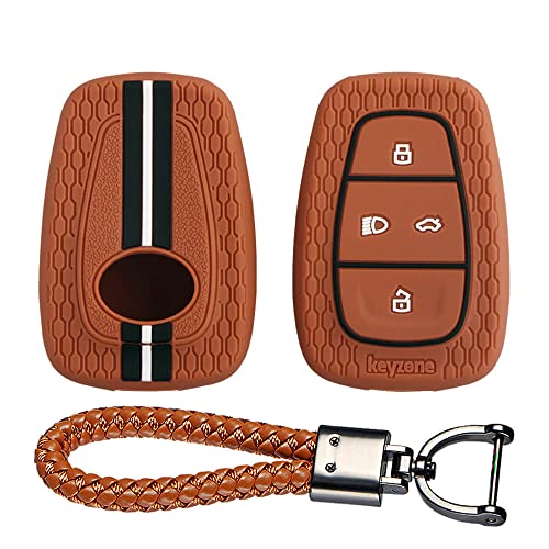 Image of keyzone Striped silicone key cover & keychain compatible forPunch EV,Altroz,Nexon EV,Punch,Tigor EV,Safari,Tiago EV,Nexon,Harrier,Tiago,Tigor 4 Button Smart Key (Brown with Brown LT Keyring)