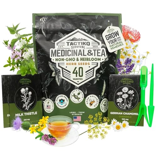 Tactiko Survival 40 Medicinal and Tea Herb Seeds Variety Pack,