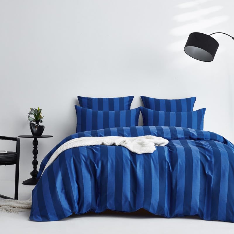 Gezu Bettwäsche 135x200 Baumwolle Gestreift Blau, Renforce Baumwolle Bettwäsche-Sets Atmungsaktiv,Weich, Öko-Tex 100 Zertifiziert,mit Reißverschluss und 1 Kissenbezug 80x80cm-Marineblau