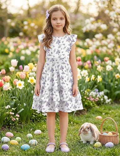 Image of Arshiner Girls Dresses Flutter Sleeve A-Line Sundress Casual Summer Tiered Swing Midi Pocket Dress