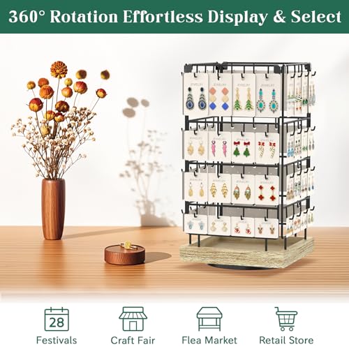 Image of EsLuker.ly Rotating Earring Display Holder Stand for Vendors Events Selling, Large Capacity 64 Hooks Jewelry Rack with Wooden Base for Earring Card Sales, Enhances Retail Display Visibility