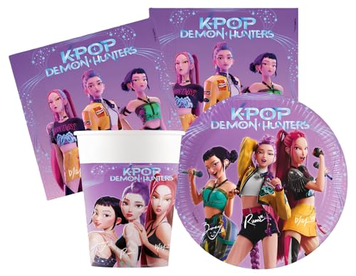 Kit Compleanno Tavola K-Pop Demon Hunters 16 persone (52 pezzi: 16 piatti 18cm, 16 bicchieri 200ml, 20 tovaglioli) in carta