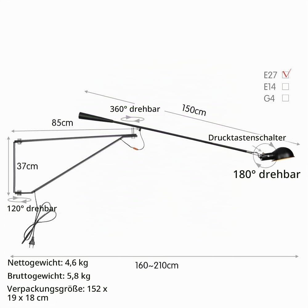 Schwenkarm Wandleuchte,industrial Retro Vintage Wandlampe Verstellbar Schwenkbarem Wandlicht Metall Zubehör mit schalter innen Wandbeleuchtung für Kaffeehaus Wohnzimmer Nachttisch Lesen Küche,Schwarz