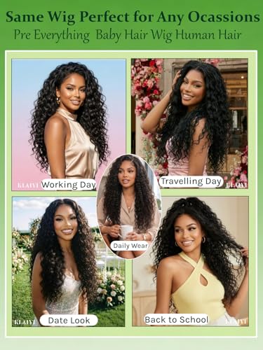 Image of KLAIYI Water Wave Pre Everything 13x4 HD Lace Frontal Human Hair Wig with Baby Hair Drawstring Glueless Pre Plucked Bleached Bye Bye Knots Curly 30S Ready to Wear and Go Wig Beginner Friendly 14Inch