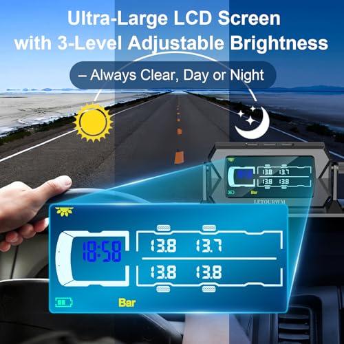 Tire Pressure Monitoring System for RV Truck Trailer, 4 Sensors TPMS, 0-15 Bar/217 PSI, 3-Level Bright LCD with Time Display, Type-C & Solar Charging, 7 Smart Alerts for RV/Trailer/Truck IP68 - Image 6
