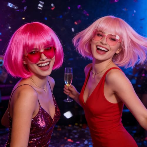 Image of DAJOOEE 2 Pack Party Wigs Wig Cap and Sunglass Set,Short Bob Hair Wigs Straight with Flat Bangs Synthetic Colorful Cosplay Daily Party Neon Wig for Women (Pink Mix)
