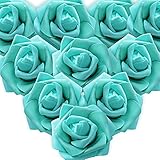 MEJOSER 50er Schaumrosen Künstliche Blumen Rosenköpfe Rosenblüten Foamrosen Brautstrauß DIY Party Hause Hochzeit Deko (Türkis)