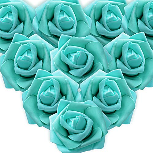 MEJOSER 50PCS Rose Bleu Vert Artificielle Tête de Fleur Bleu Décoration Anniversaire Toussaint Mariage Party Cérémonie Accessoire de Cheveux (Bleu-Vert)