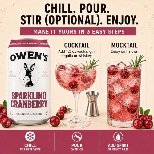 Image of Owen's Premium Non-Alcoholic Sparkling Cocktail and Mocktail Mixer, Drink Mixer for Cocktails, Mocktails, and Party Beverage, 24 Pack of 8.2 fl oz Cans (Sparkling Cranberry)