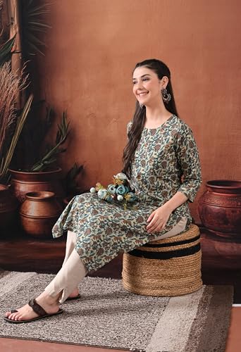 Image of Ichaa Women's Pure Cotton A-Line Katha-Work Ethnic Round-Neck Kurta with 3 /4th Sleeve for Daily and Office Wear, in Plus Sizes
