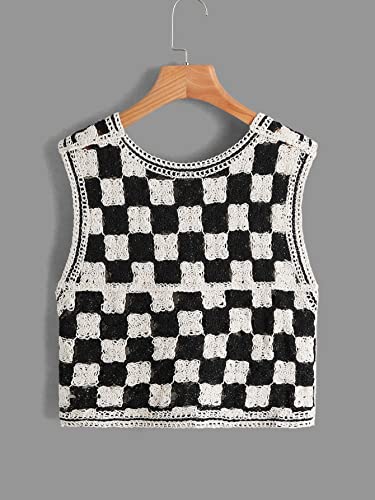 Verdusa Women's Sweater Vest Button Down V Neck Sleeveless Crochet Plaid Checkered Knit Sweater Vest2