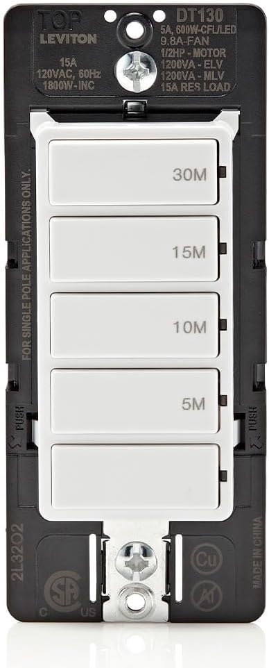 Image of Leviton Countdown Timer Switch for Bathroom Fan and Household Lights,5-10-15-30 min,No Neutral Required,Single Pole,15A,1 /2 HP /9.8A Fan /Motor,DT130-1LW,White,(Pack of 10)