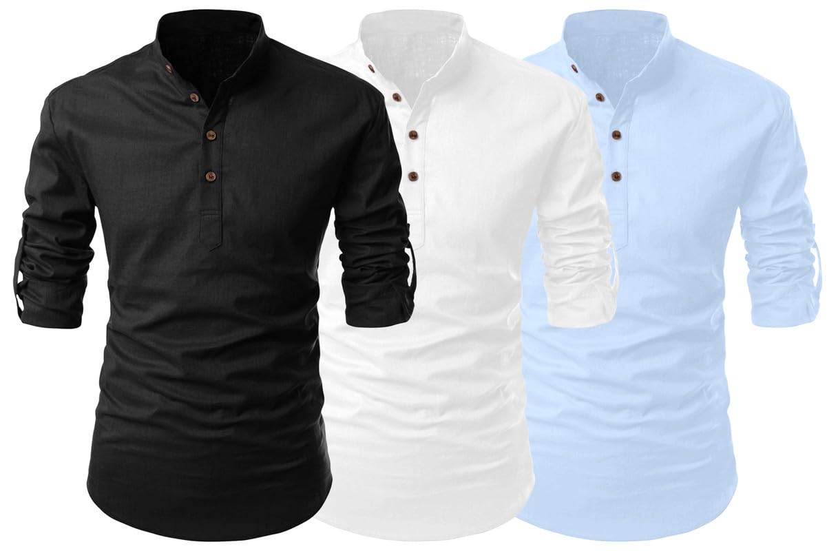 finivo fashion Men's Cotton Blend Solid Full Sleeve Short Kurta Shirt Pack of 3-picture-10