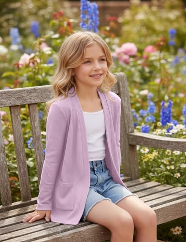 Image of Girls Open Front Cardigan Casual Lightweight Long Sleeve Ribbed Knit Sweater Soft Outerwear Coat with Pockets