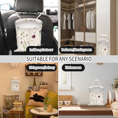 Image of Car Trash Can, Hanging Garbage Bin for Men and Women, Cute Car Organizer and Storage Bag, Canvas Vehicle Trash Can Bag Easy-to-Install Cute Purple and White Floral