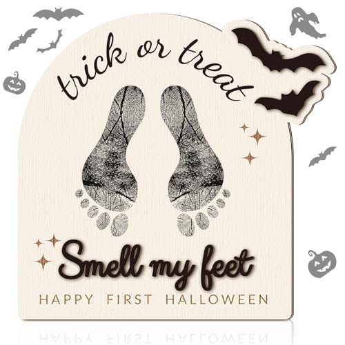 Beeveer Baby's First DIY Footprint Art Wooden Milestone Card Keepsake Little Boo Sign Nursery Decorative Ornaments for Baby Shower Newborn Photoshoot Prop(Halloween Retro)