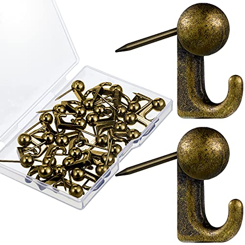 Image of Jetec 30 Pieces Metal Push Pin Hangers Pin Wall Hooks Picture Hanging Picture Nails Frame Oil Painting Hooks on Wooden or Fabric Wall for Home or Office(Bronze)