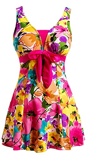 Image of ECUPPER Womens Plus Size Skirted Swimsuit Floral Printed Swimwear Padded Swim Suit Dress with Boy Shorts Deep Pink Flower XL