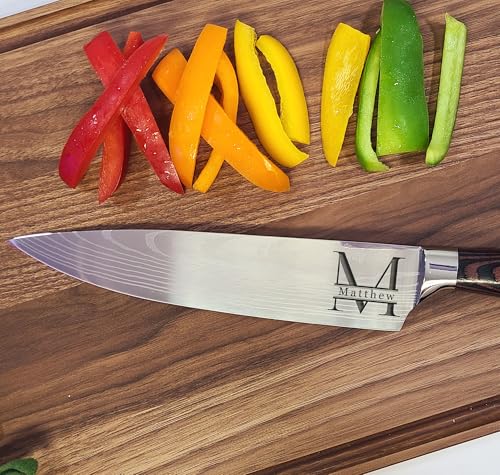 Image of Professional Chef Knife | Personalized 8 inch Stainless Steel Kitchen Knife | Custom Engraved Initial & Name | Brown Pakka Wood Handle
