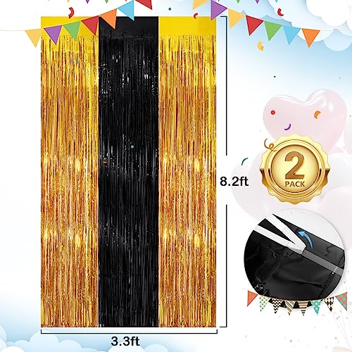 Image of Black Gold Streamer Tinsel Foil Fringe Curtains Streamer 2Pack 3.3X 8.3Ft Streamer Tinsel Streamer Curtains for Birthday Party Decors Wedding Bachelorette Bridal Shower Xmas Decors Streamers