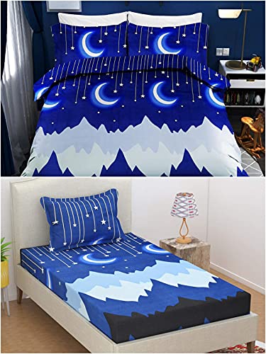 NEW LEAF Glace Cotton 160 TC Kids/Cartoon Printed Combo Pack of 1 Double Bedsheet 1 Single Bedsheet with 3 King Size Pillow Covers (Blue Moon Star ) ??????