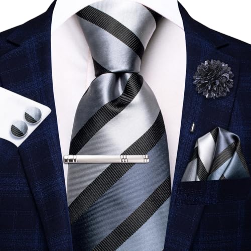 Image of Hi-Tie Black Grey Ties for Men Striped Woven Necktie and Pocket Square Lapel Pin Silver Tie Clip Cufflinks Set Wedding Business 6PCS