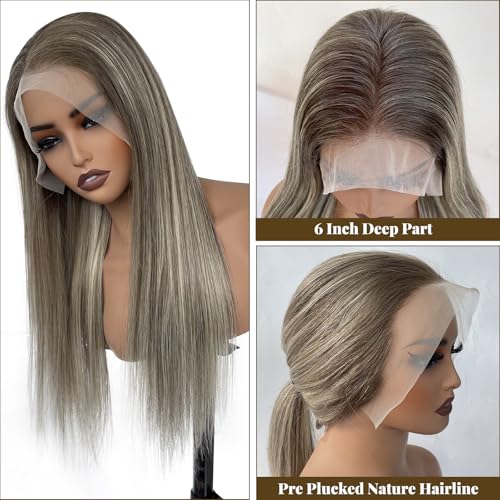 Image of Long Straight Highlight Lace Front Wig Human Hair 180% Density 13X6 Ombre Ash Brown Mixed 613 Blonde with Dark Brown Roots Lace Front Wigs Human Hair for White Women Pre Plucked Hairline 32 Inch